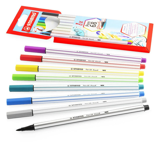 Pennarello Premium con punta a pennello - STABILO Pen 68 brush - Pack da 8 - con 8 colori assortiti