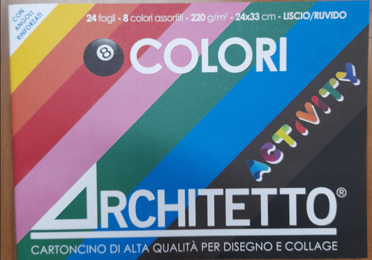 Blocco disegno cartoncino 24 fogli con 8 colori assortiti 24x33 - 220 g/mq liscio/ruvido